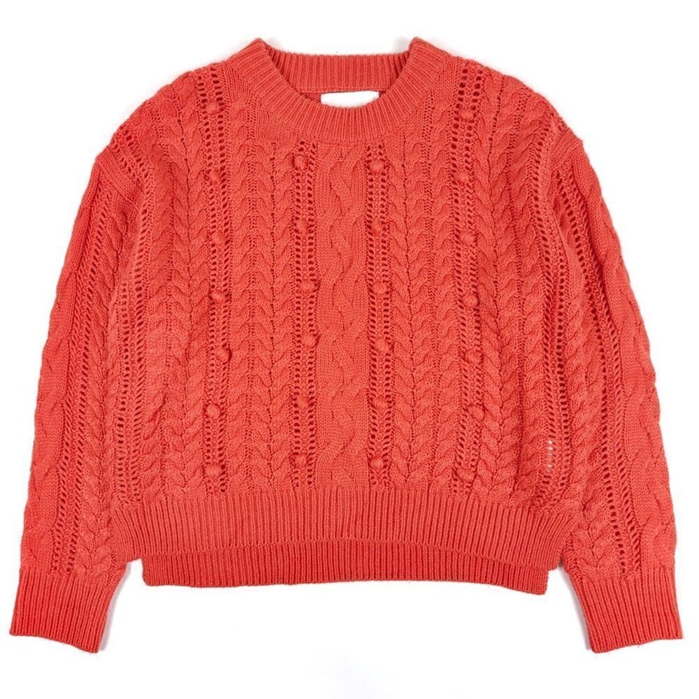 HEARTLOOM Margo Popcorn Pom Pom Cable Knit Crew Sweater Coquette Medium Orange